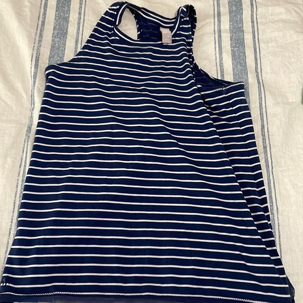 athleta girl navy and white striped tank with detailed back